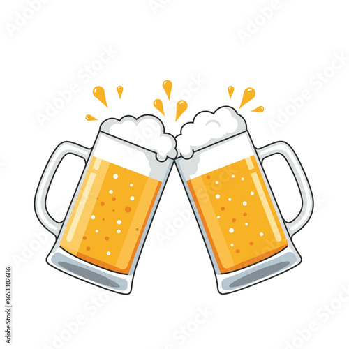 Two beer mugs clinking together with foam and liquid in a celebratory toast
