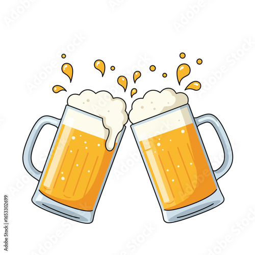 Two glasses of beer clinking together with foam and liquid splashing