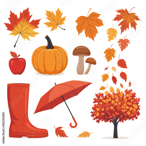 Autumn Collection of Seasonal Elements Including Pumpkin Leaves Umbrella Mushrooms Boots and Apple Isolated on White Background Vector Illustration