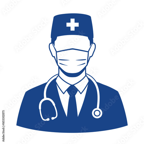 A blue and white illustration of a doctor wearing a mask and medical gear