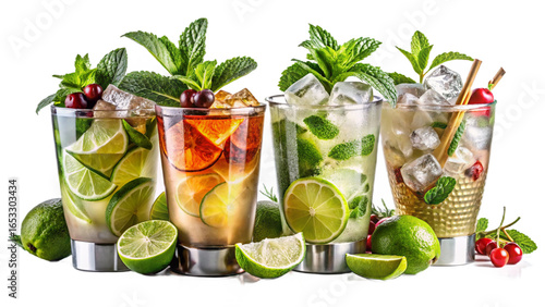 Moscow Mule, Mint Julep, Caipirinha, Gin Rickey cocktail PNG set bundle, transparent isolated background. Mixology, bar menu cocktails, colorful vibrant refreshing drink with garnish