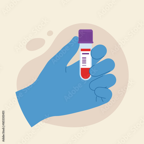 A blue gloved hand holding a test tube with red liquid and a purple cap
