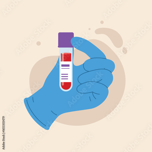A gloved hand holding a medical test tube with red liquid and purple cap