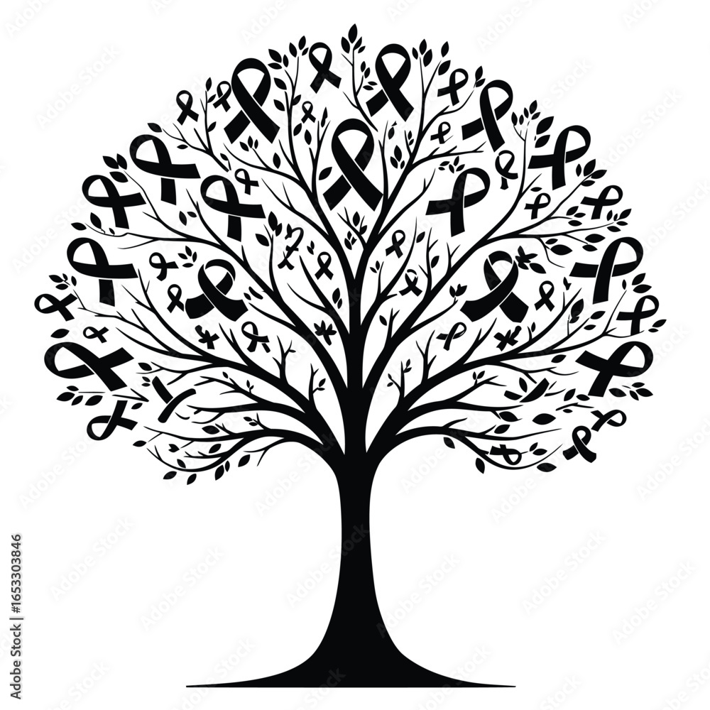 Fototapeta premium A tree with many awareness ribbons on its branches and leaves