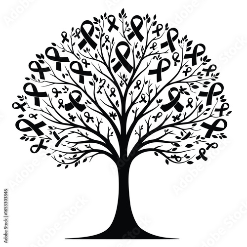 A tree with many awareness ribbons on its branches and leaves
