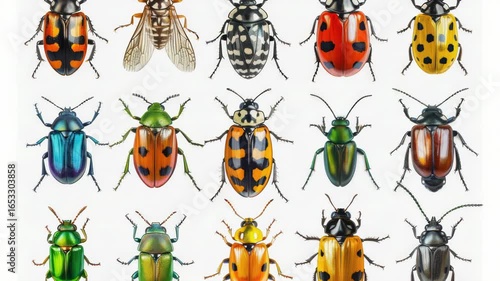 A group of variously colored bugs gathered on a white surface