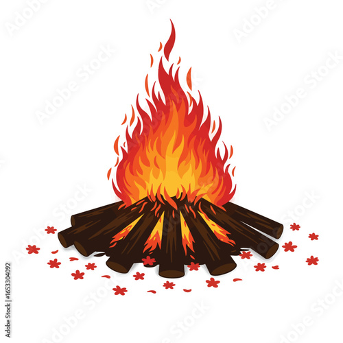 A cartoon campfire with flames and embers on a white background