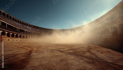 Cinematic View of Empty Spanish Bullring with Dusty Ground and Wide Arena