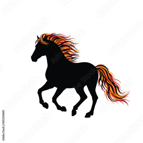 A black horse with a fiery mane and tail running free