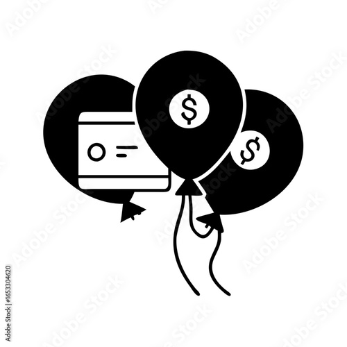 Vector art of balloons with dollar signs and a credit card, representing financial success and wealth