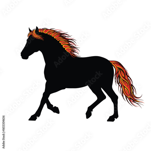Black horse with orange mane and tail running on white background