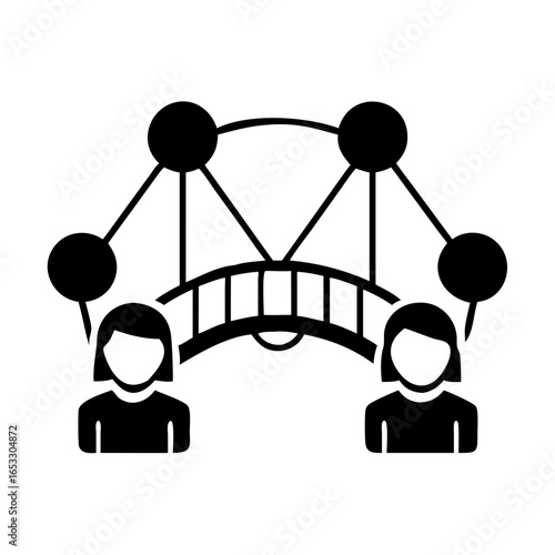 Vector art of stylized icon of two people connecting across a bridge, symbolizing teamwork and communication
