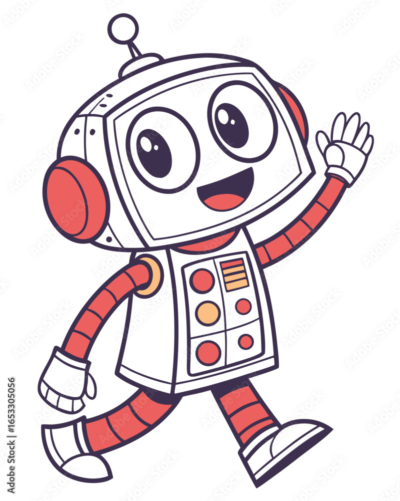 Obraz premium Cheerful cartoon robot waving on plain background, friendly android character with antenna and retro design elements, perfect for children's illustration and educational content
