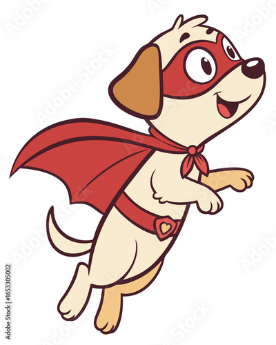 Cartoon superhero dog flying with a red cape and mask, embodying courage, loyalty