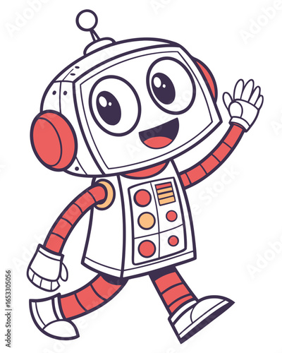 Cheerful cartoon robot waving on plain background, friendly android character with antenna and retro design elements, perfect for children's illustration and educational content