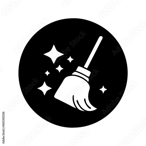 Vector art of white broom with sparkles symbolizing cleaning and hygiene, isolated on a black background