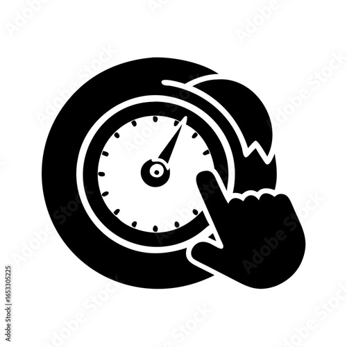 Vector art of hand touching a clock face, representing time management and punctuality icon