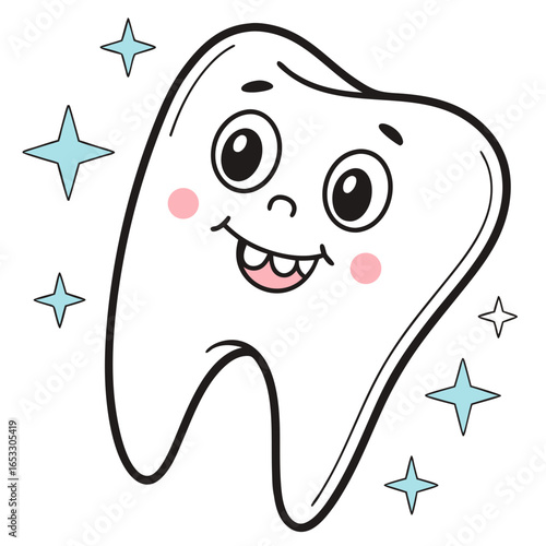 Happy cartoon tooth character with stars on white, dental health and hygiene for kids, smiling molar with cute face