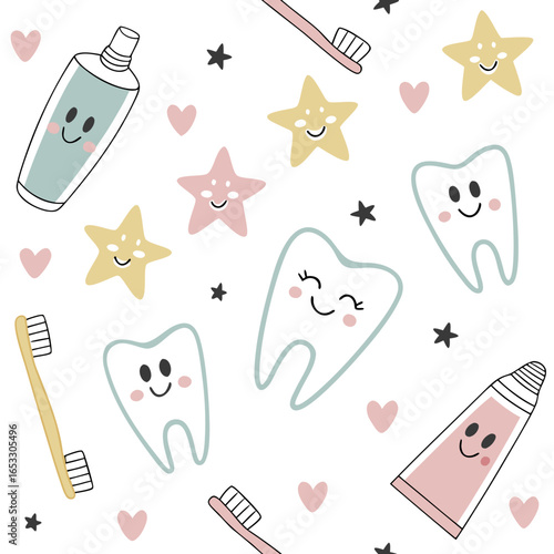 Cute dental pattern with smiling teeth, toothbrushes, toothpaste tubes