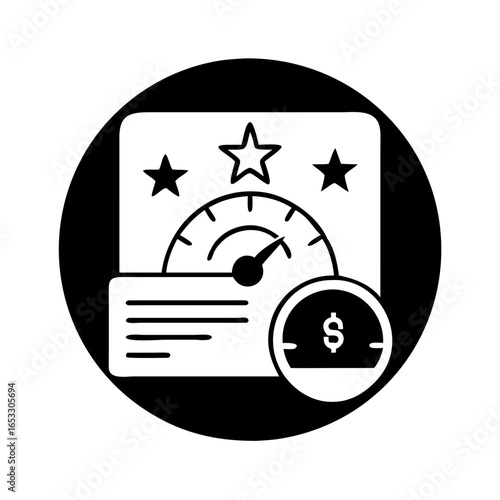 Vector art of financial performance score with gauge, stars, and credit card, indicating creditworthiness