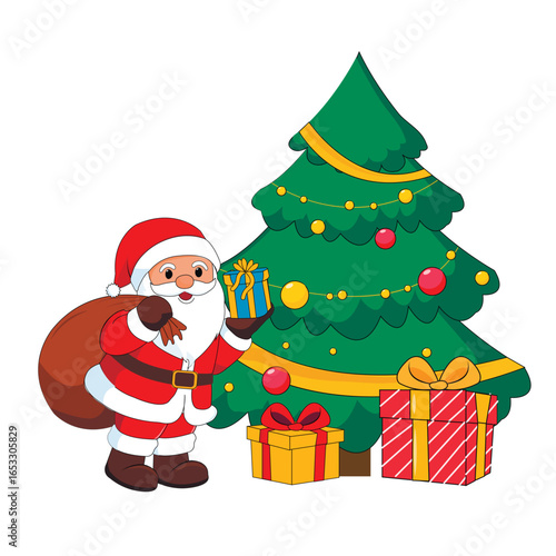 New Year's illustration The Christmas tree is decorated with balls and garlands, under the Christmas tree gifts, and Santa Klaus with a bag of gifts isolated on a white background
