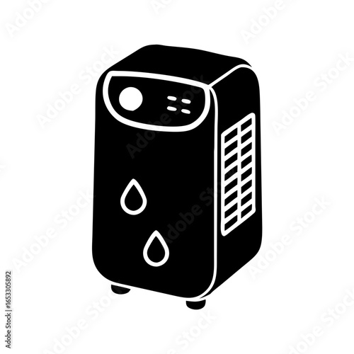 Vector art of black dehumidifier appliance with water drop symbol, controlling indoor humidity for home comfort icon