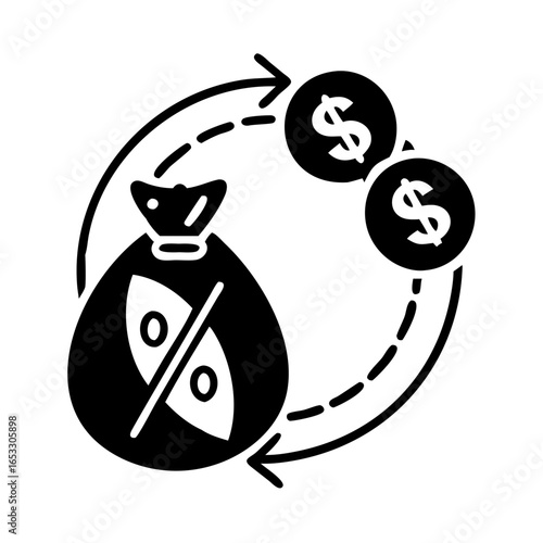 Vector art of money bag with percentage sign and coins in circular arrow, financial concept
