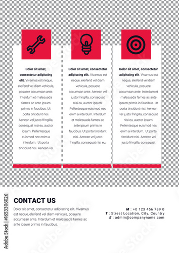 Three vertical columns with red headers displaying icons (wrench, lightbulb, target) atop text blocks, against a checkered background, conveying a clean, modern, informative design.
