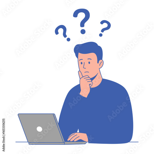 Man sitting at laptop with question marks thinking confused