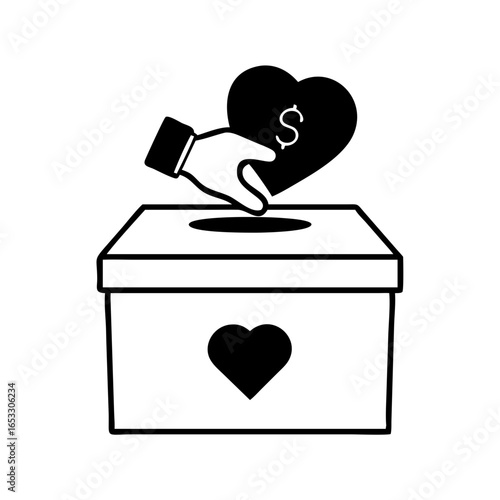 Vector art of hand putting a heart with dollar sign into a donation box icon