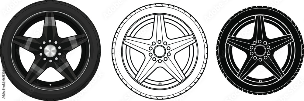 Fototapeta premium Automotive wheels tires rims design illustration vector set