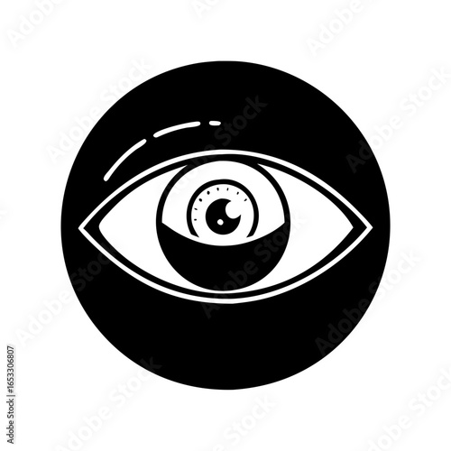 Vector art of black and white graphic of an eye within a circle, isolated icon