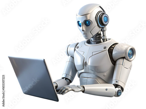 robot works using laptop  isolated on white background PNG, AI GENERATED 