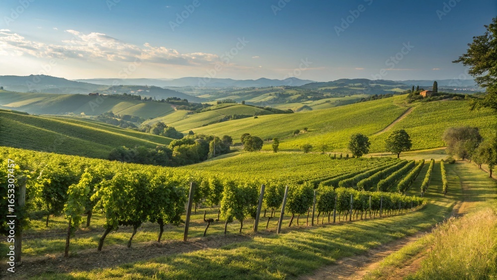 Fototapeta premium Green vineyard under sunny summer sky.