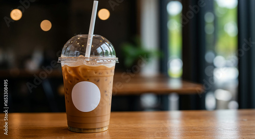 Iced Coffee in a Plastic Cup on a Wooden Table