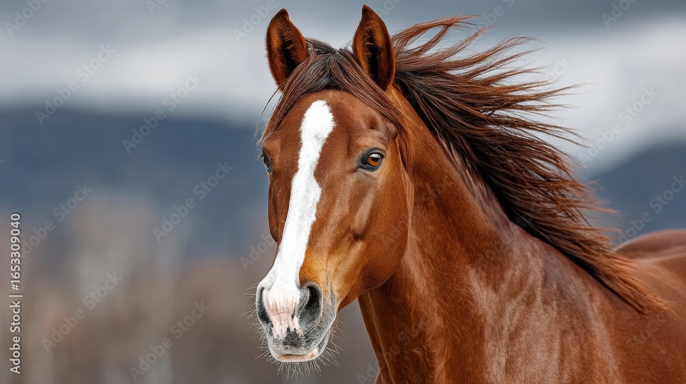 Fototapeta premium A brown horse with a white face and a white stripe on its face. The horse has a long mane and tail