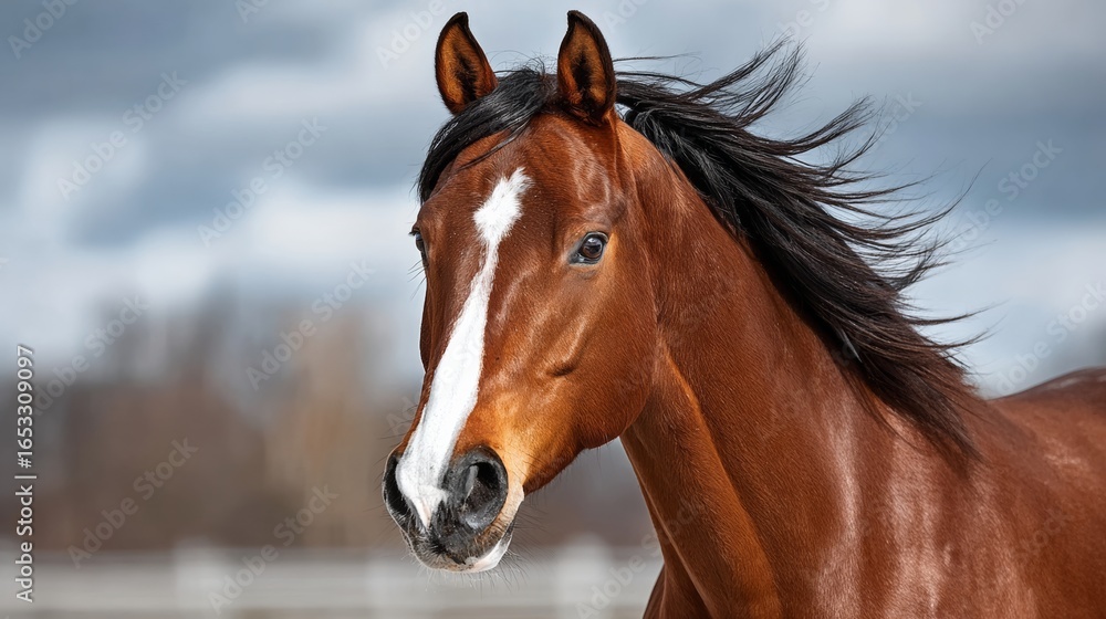 Obraz premium A brown horse with a white face and a black mane. The horse is running and has its head up