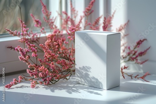 Blank mockup of a white box on a light background and dried flowers
