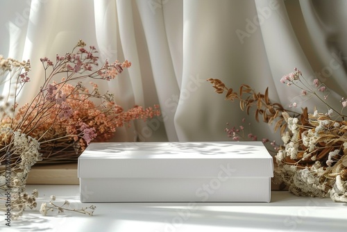 Blank mockup of a white box on a light background and dried flowers