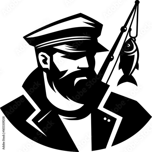Maritime Mariner and Trophy Fish: A stern yet triumphant image of a seasoned mariner, clad in traditional attire, proudly displays a freshly caught trophy fish.