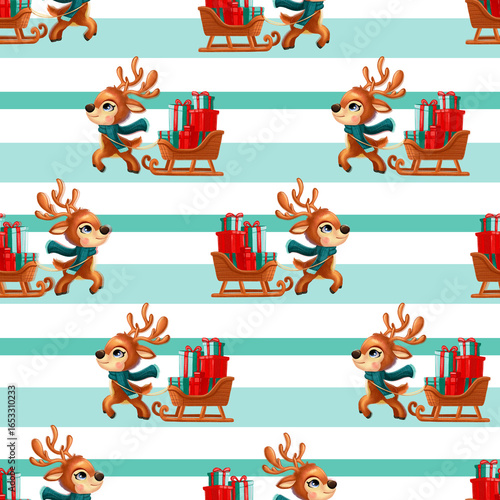 Cuadro en lienzo Seamless pattern with a cute fawn pulling a sled with gifts, drawn in watercolor cartoon style