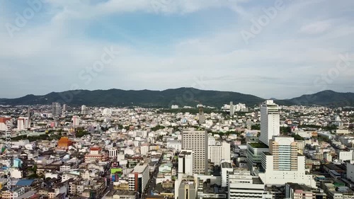 Aerial Drone View of Hat Yai City Thailand with Mountain Background