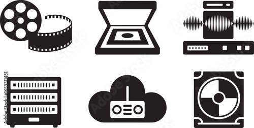 Archival Media Silhouette Vector Illustration Depicting Film Reel, Scanner, and Audio