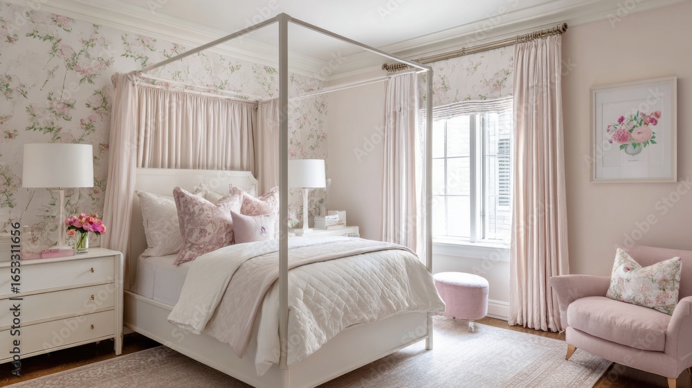 Fototapeta premium girls bedroom with canopy bed, floral decor, pastel walls, soft natural light, cozy and elegant