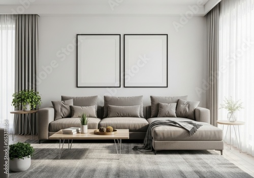 Wallpaper Mural Modern living room with sectional sofa and empty frames on wall Torontodigital.ca
