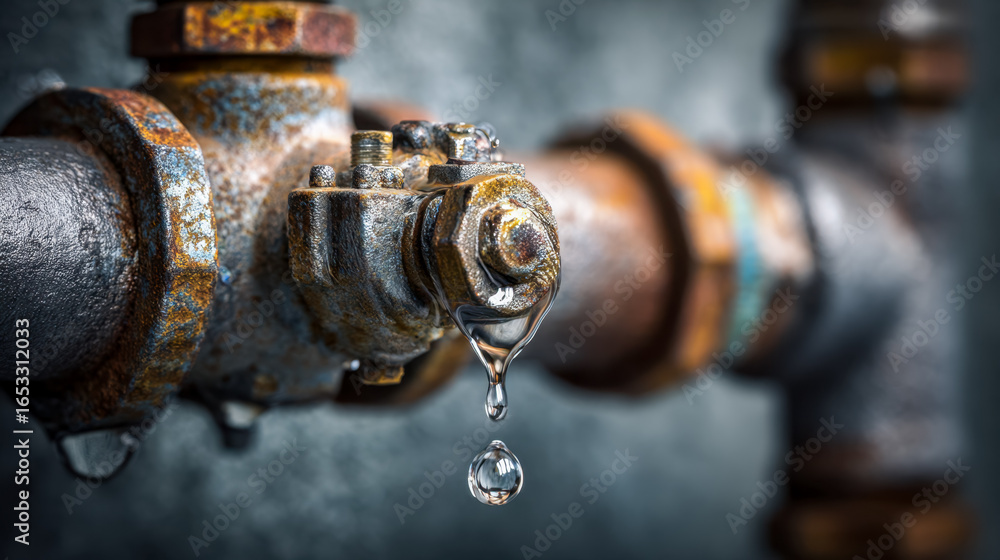 Close-up of a rusty pipe coupling with dripping water, emphasizing corrosion and leak detection Close-up of a rusty pipe coupling with dripping water, emphasizing corrosion and leak detection