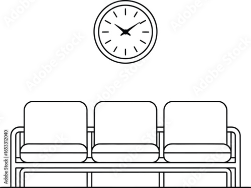 Line art of a waiting room bench and a clock, a minimalist vector.