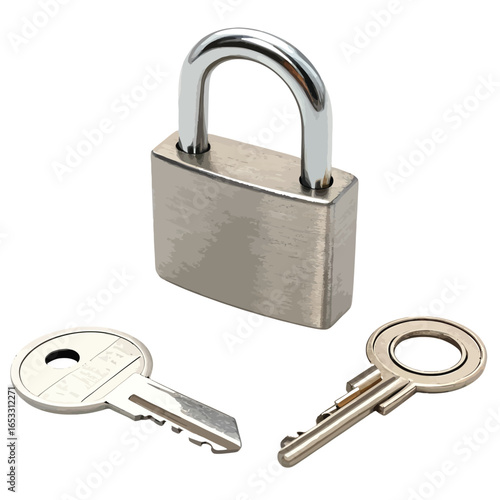 Silver Padlock and Two Keys on White Background Keywords: padlock, lock, security, key, keys.