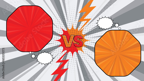 Dynamic pop art comic style VS background with bold red and orange panels lightning bolts and halftone rays perfect for gaming posters tournaments competitions and creative design