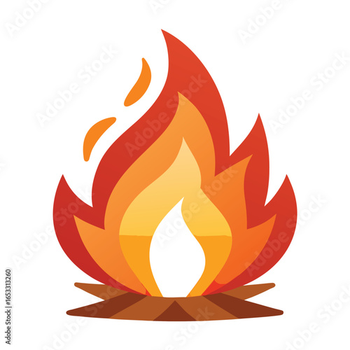 Stylized campfire with orange and red flames and brown logs burning heat